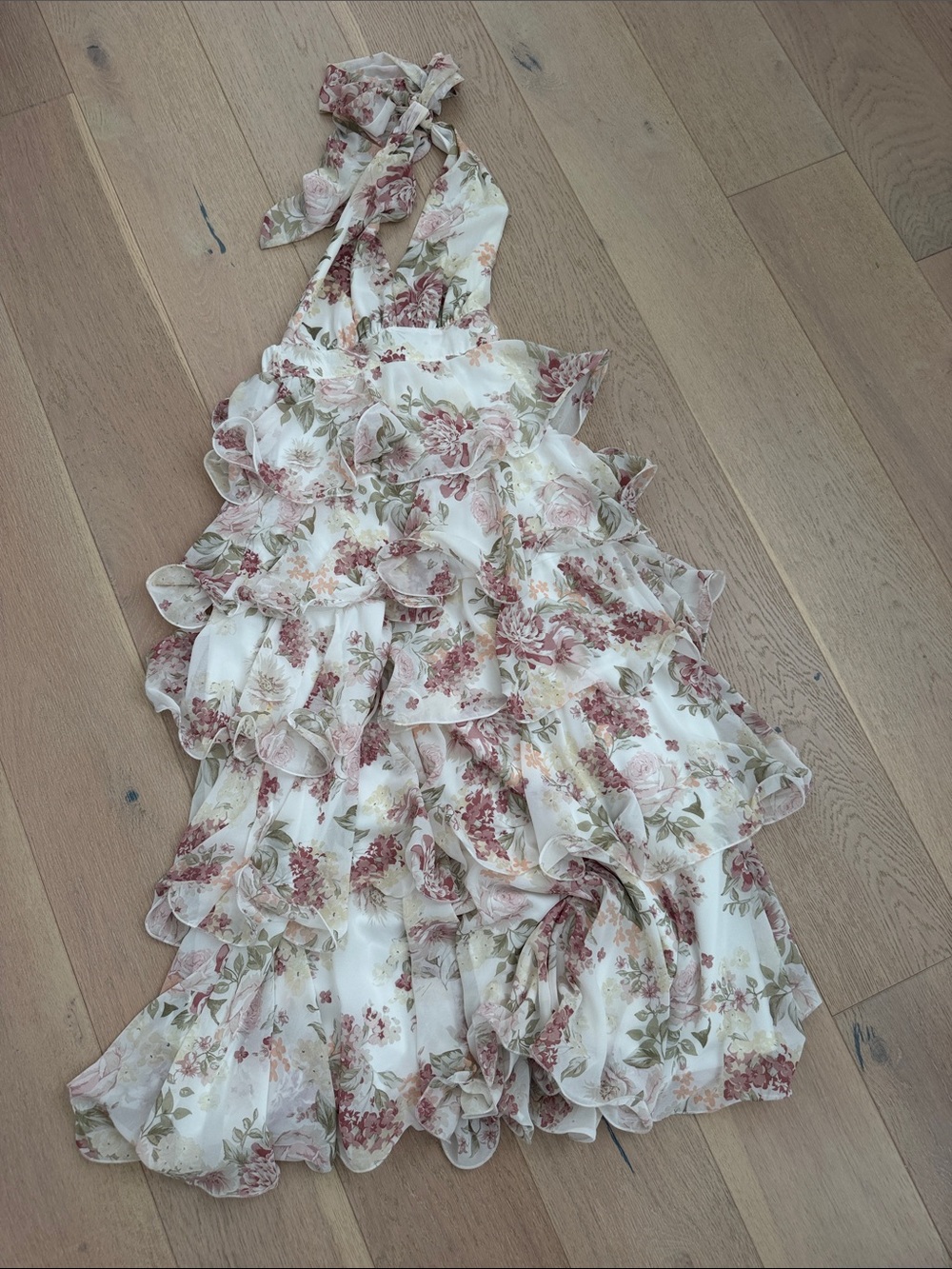 Floral Ruffled Halter Dress - Cream with Dusty Rose & Sage